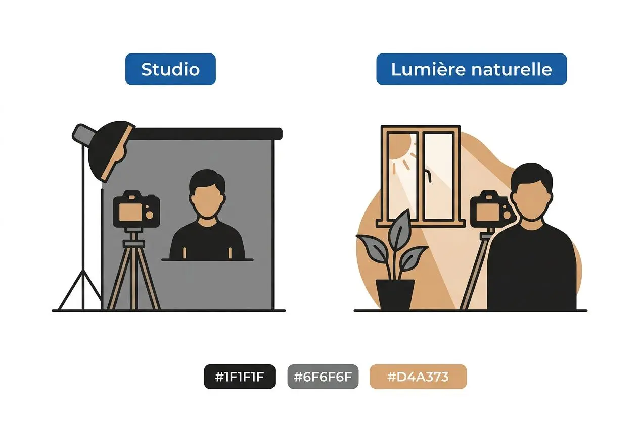 Studio photo avec éclairage et fond gris, puis lumière naturelle près d’une fenêtre pour photographe pour photo professionnelle.