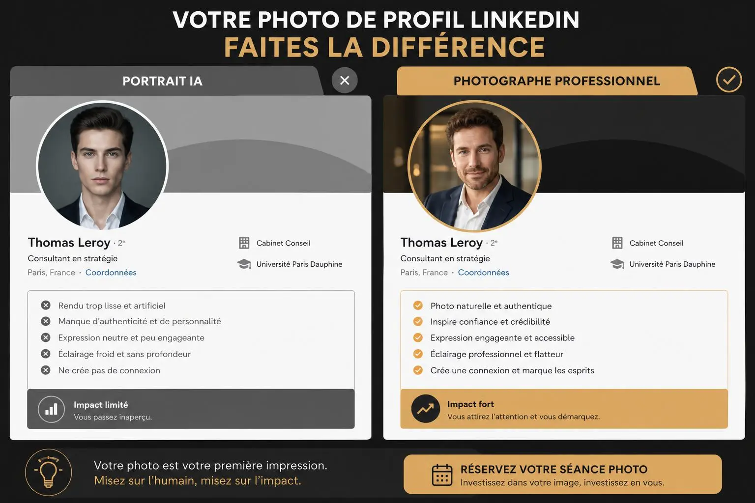 Photo corporate linkedin: comparaison portrait IA et portrait professionnel, avec mise en page LinkedIn et cadre couleur.